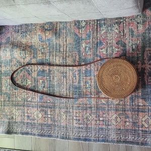 Handwoven Round Rattan shoulder, leather strap purse.